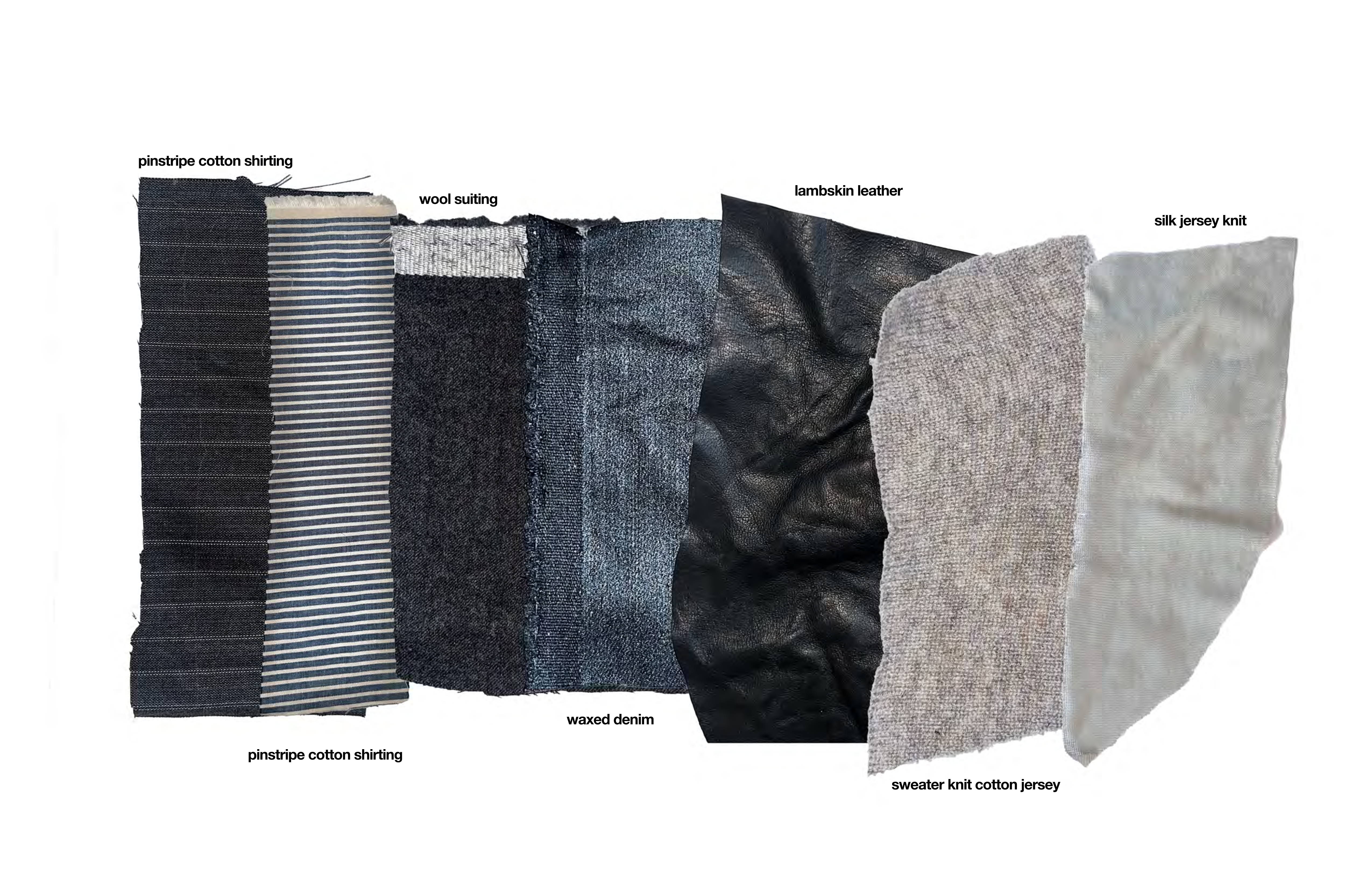 Fabric types: pinstripe cotton shirting, wool suiting, waxed denim, lambskin leather, sweater knit cotton jersey, silk jersey knit